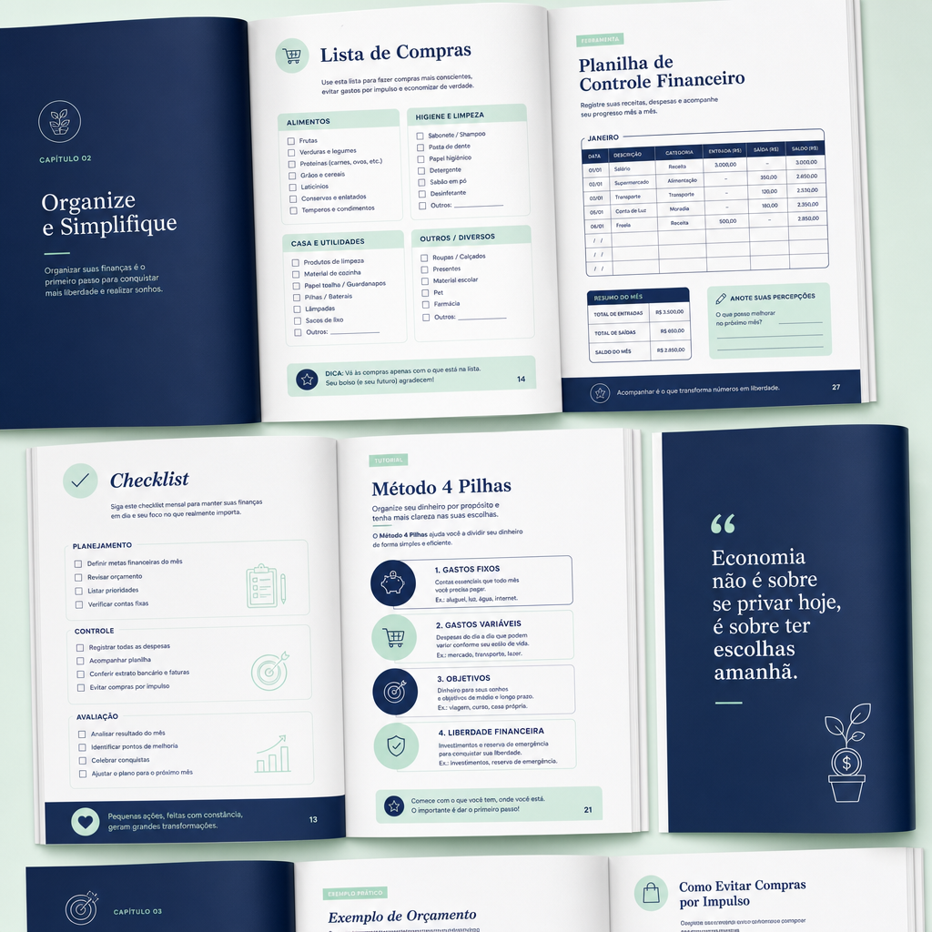 Páginas internas do e-book com checklist, planilha e tutoriais